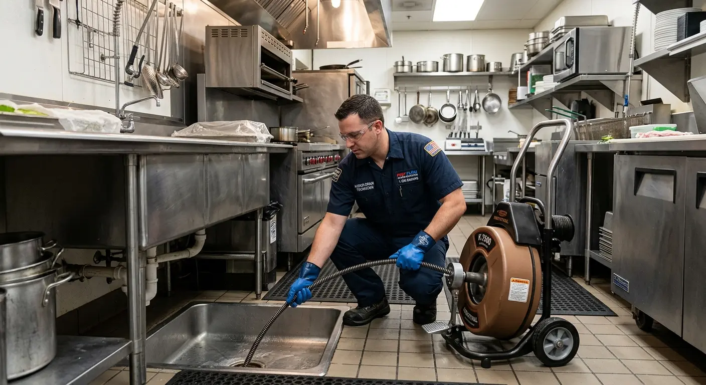 Commercial drain cleaning service in a restaurant kitchen in Porter